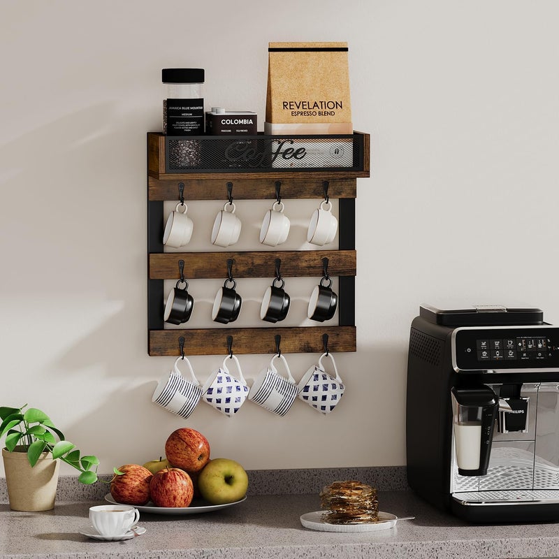 YINMIT Coffee Mug Holder with 12 Hooks, Coffee Cup Holder Wall Mounted with Top Shelf, Mug Organizer for Home Kitchen, Brown - Image 5